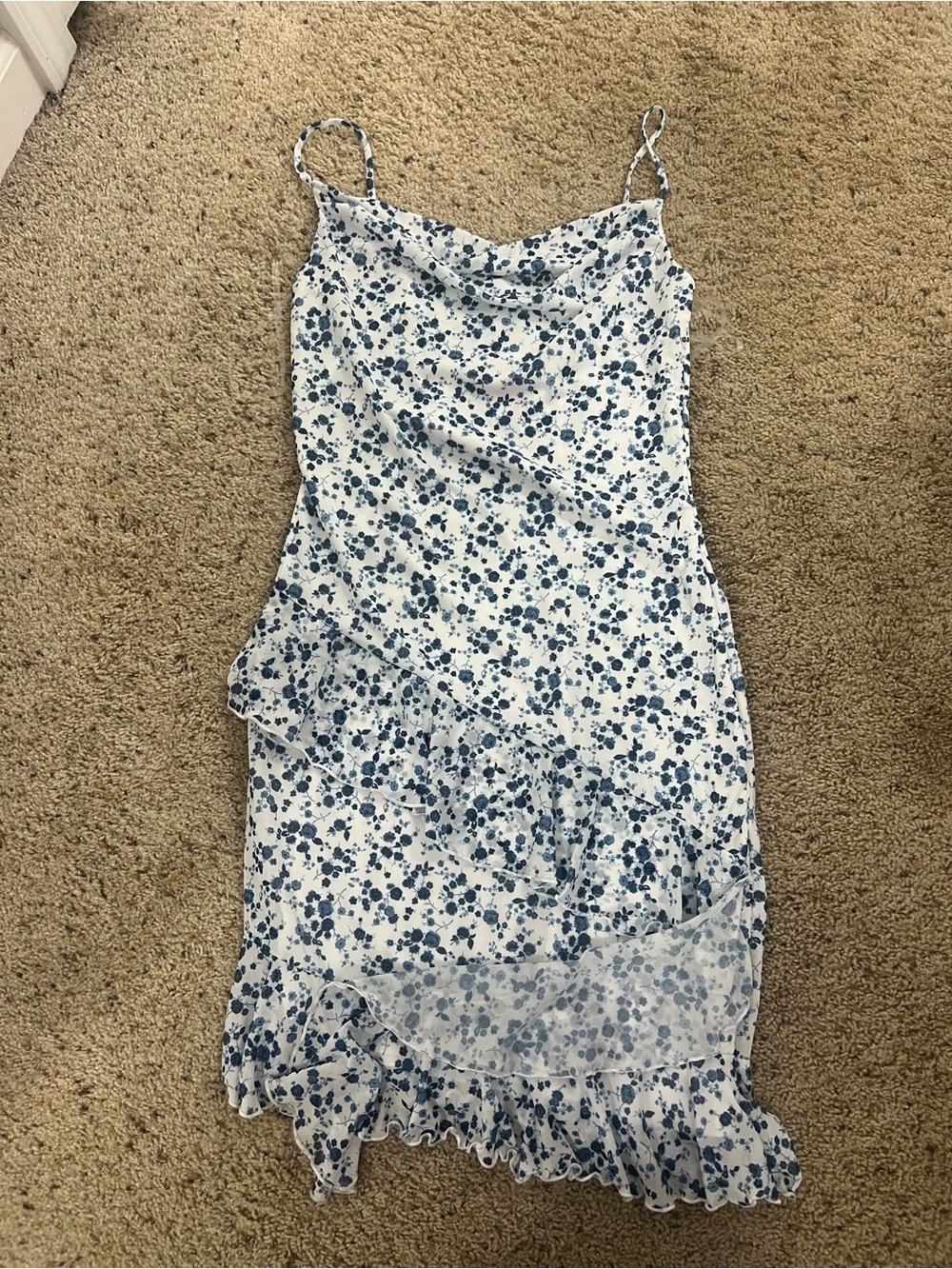 Caution to the Wind Floral Cowl Neck Slip Dress in Blue